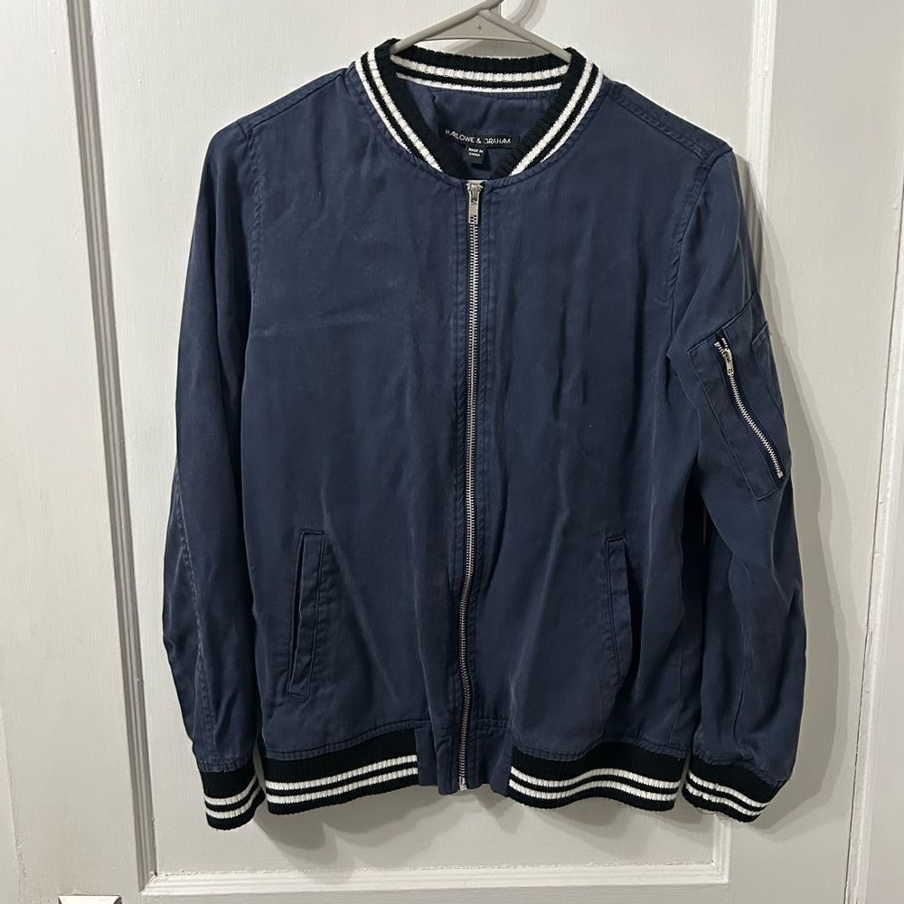 Harlowe & Graham Blue Bomber Jacket with Ribbed Collar